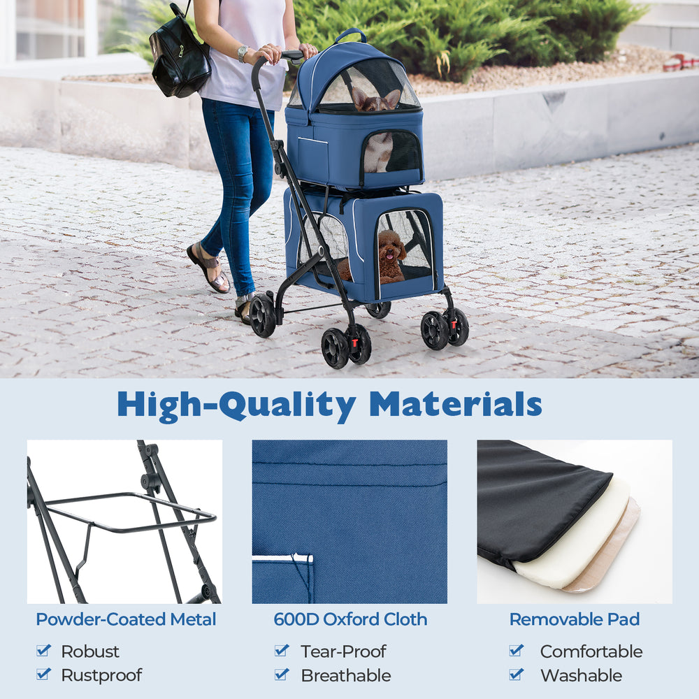 Double pet stroller in blue with detachable carriers, featuring breathable 600D oxford cloth and a sturdy powder-coated.
