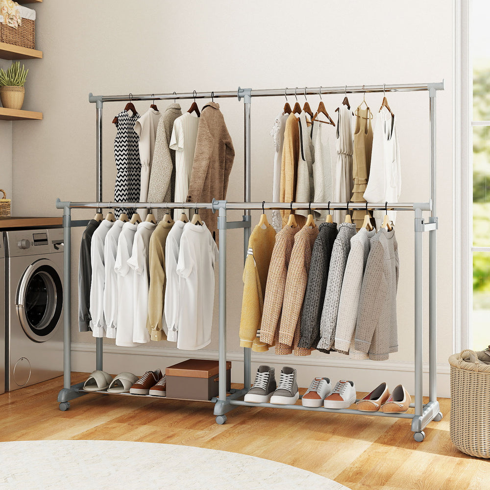 Double rod clothes rack with adjustable height and extendable width, featuring sturdy metal construction for versatile.