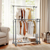 Double rod clothes rack showcasing heavy-duty metal design with ample storage, adjustable height, and smooth-rolling.