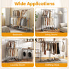 Double rod clothes rack in a living room, featuring adjustable height and extendable width for versatile storage.