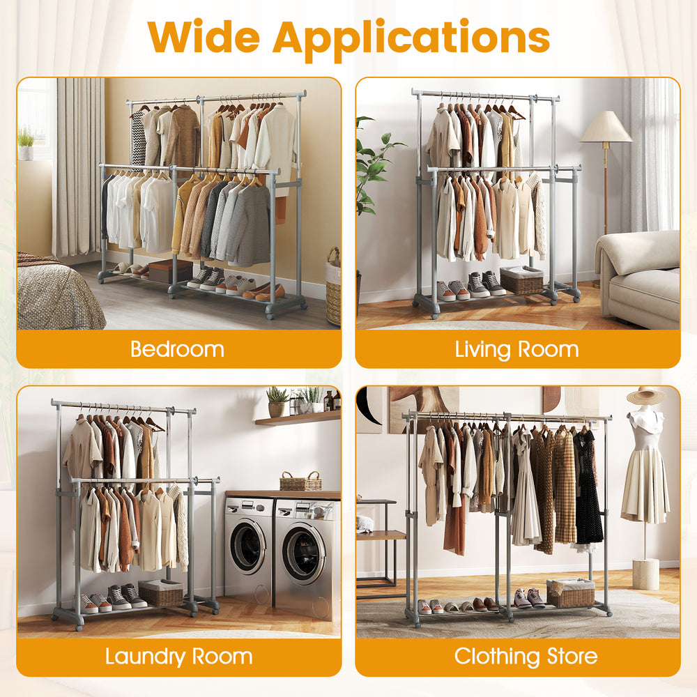 Double rod clothes rack in a living room, featuring adjustable height and extendable width for versatile storage.
