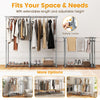 Double rod clothes rack with adjustable height and extendable width for versatile storage in various spaces.
