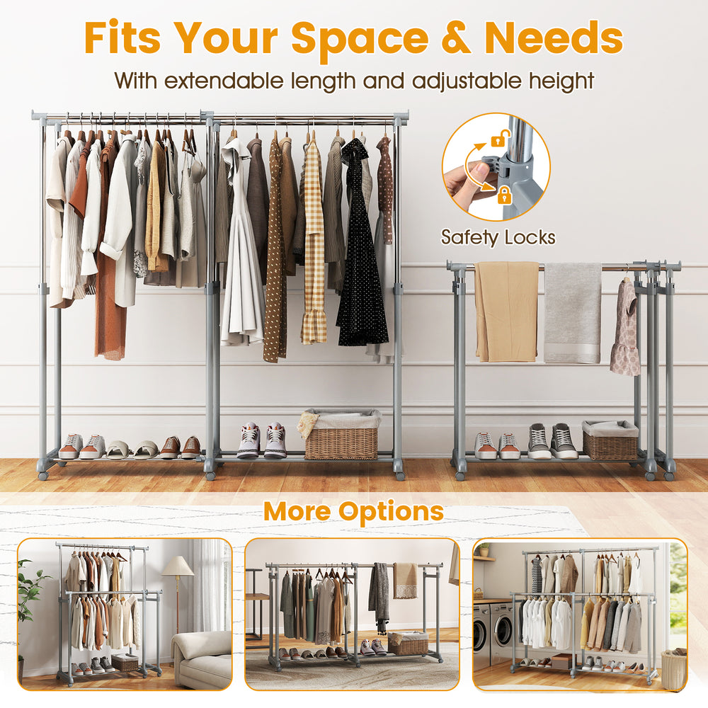 Double rod clothes rack with adjustable height and extendable width for versatile storage in various spaces.