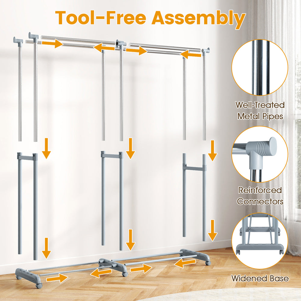 Double rod clothes rack with adjustable height, heavy-duty metal construction, and tool-free assembly for versatile.