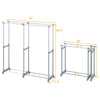 Double rod clothes rack with adjustable height and extendable width, featuring sturdy metal construction and.