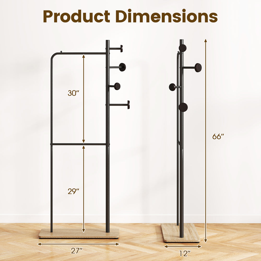 Double rods clothes hanging rack dimensions with rubber wood hooks, featuring a sturdy base for stability and stylish.