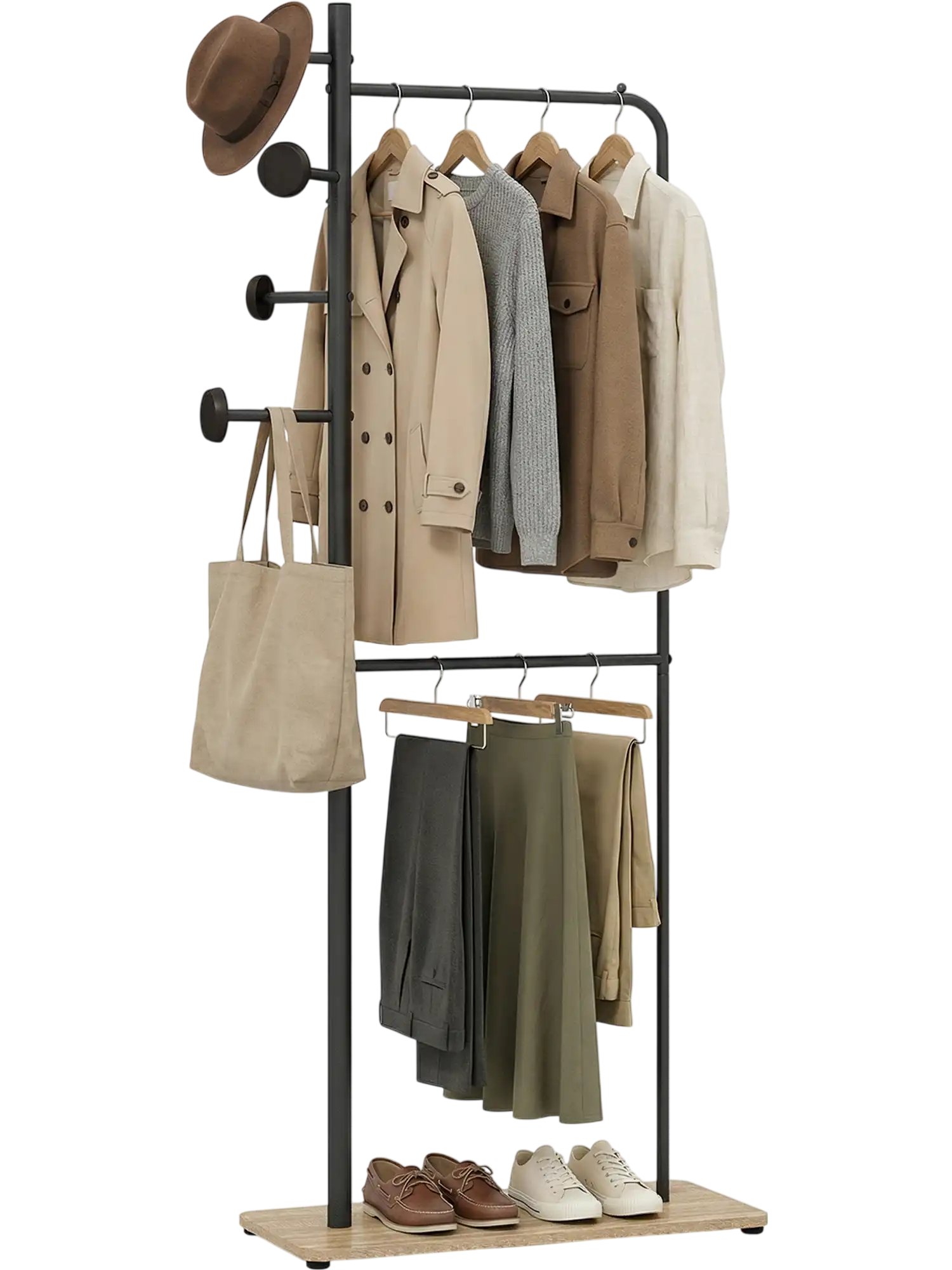 Costway Double Rod Clothes Hanging Rack Rubber Wood Hooks 34426223 New