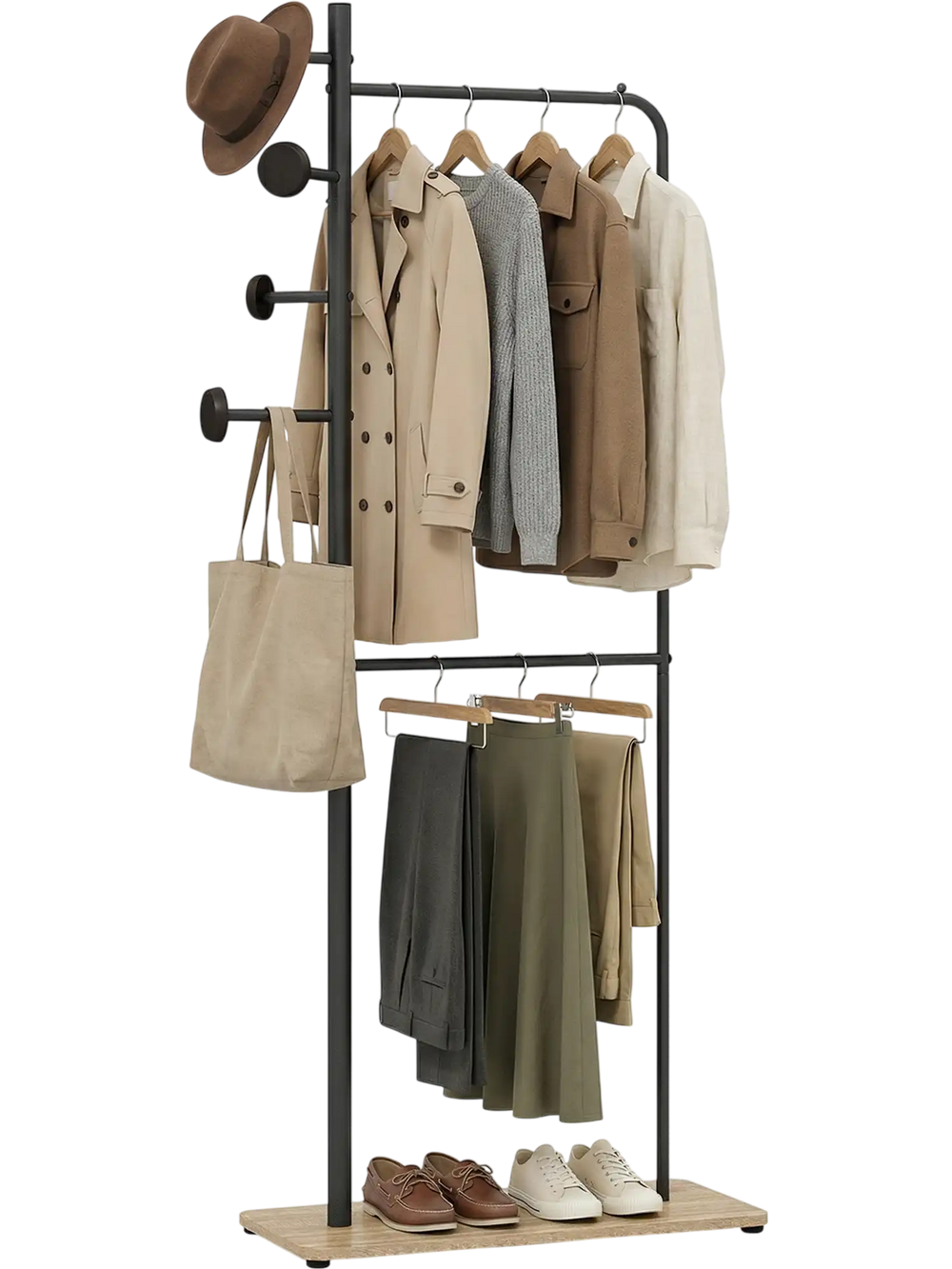 Double Rods Clothes Hanging Rack with Rubber Wood Hooks