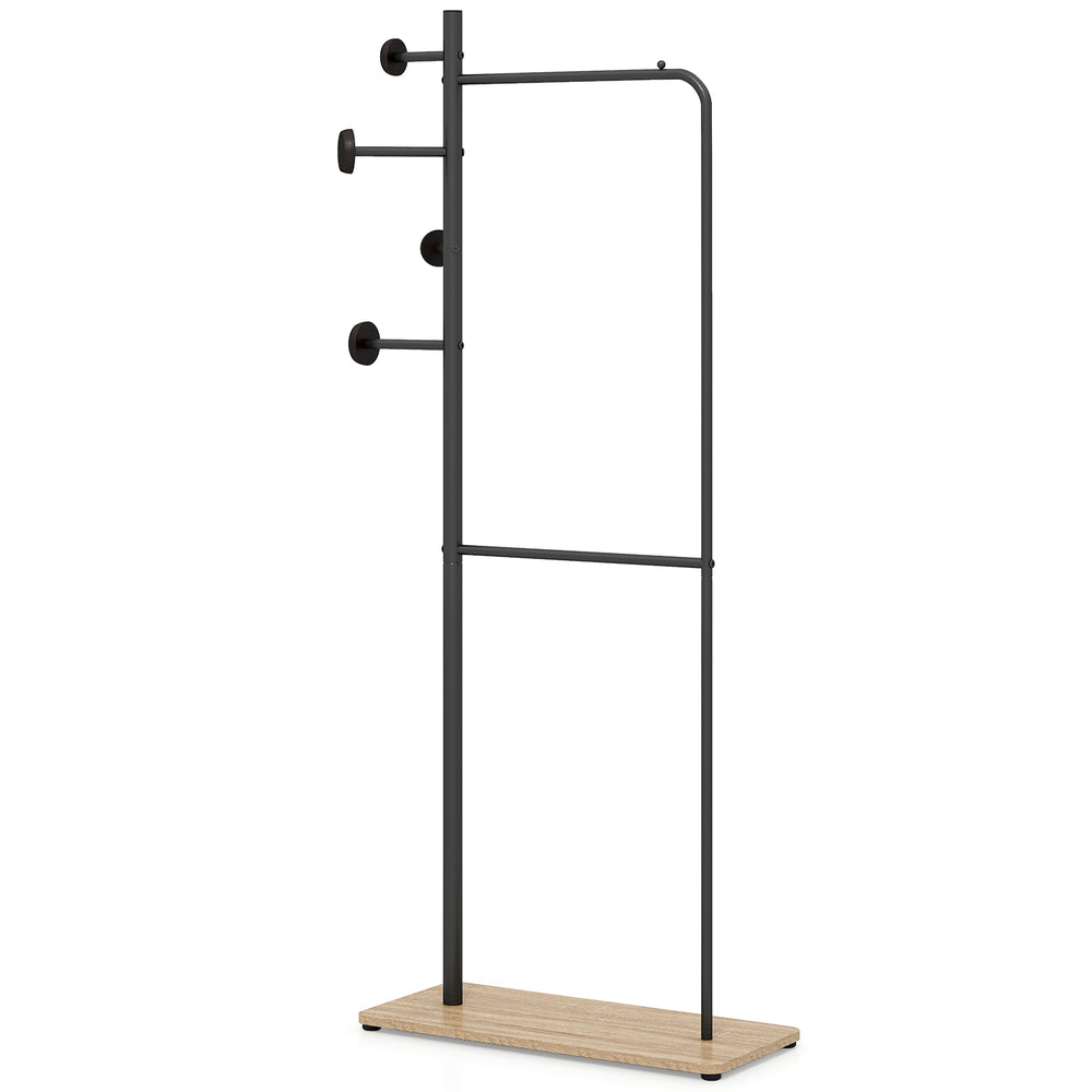 Double rods clothes hanging rack with rubber wood hooks and wooden shelf for shoes, ideal for bedrooms and laundry.