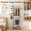 Double rods clothes hanging rack with rubber wood hooks and a bottom shelf for shoes, ideal for stylish organization.