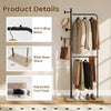 Double rods clothes hanging rack with rubber wood hooks and wooden shelf, ideal for bedrooms and laundry rooms.