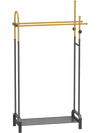 Double rods garment rack in gold and black with side hooks and bottom shelf, ideal for stylish clothing storage.