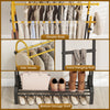 Double rods garment rack in gold and black with side hooks and bottom storage shelf, ideal for bedroom or entryway.