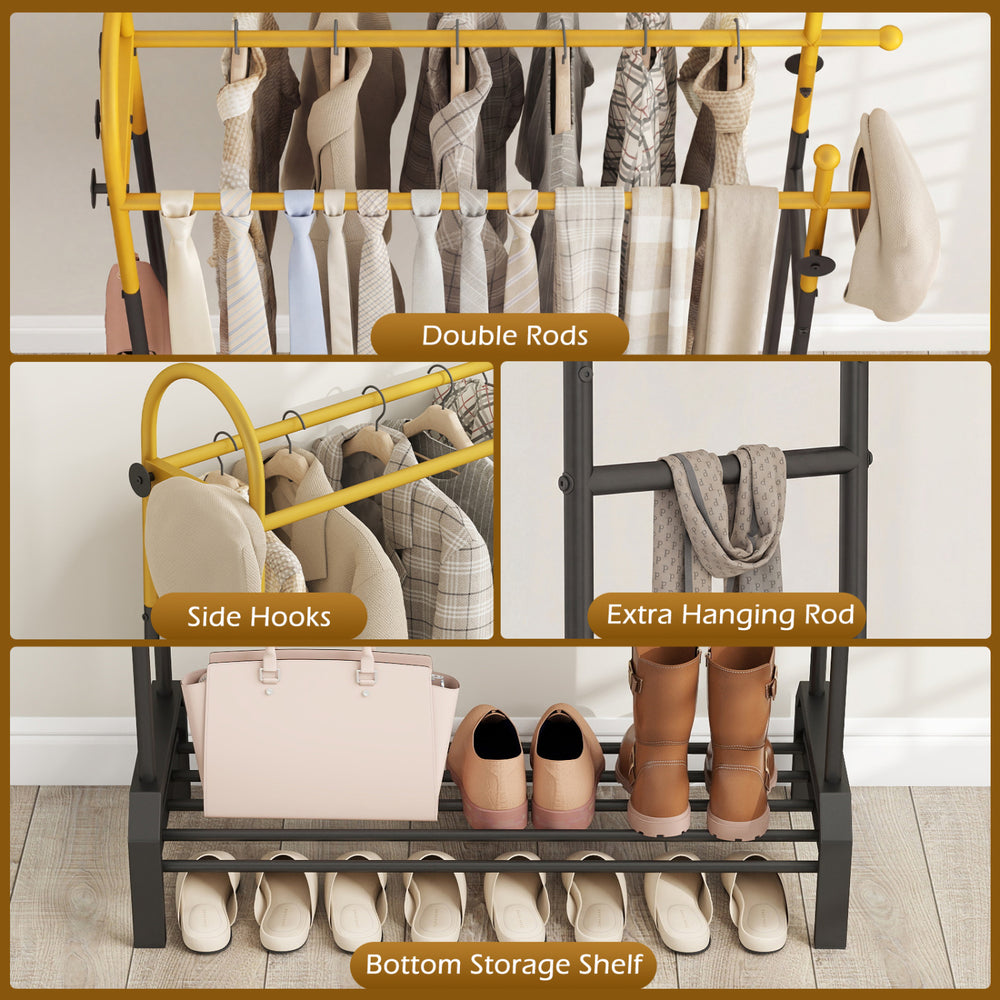 Double rods garment rack in gold and black with side hooks and bottom storage shelf, ideal for bedroom or entryway.