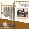 Double rods garment rack in gold and black with side hooks and bottom shelf, perfect for stylish clothing storage.