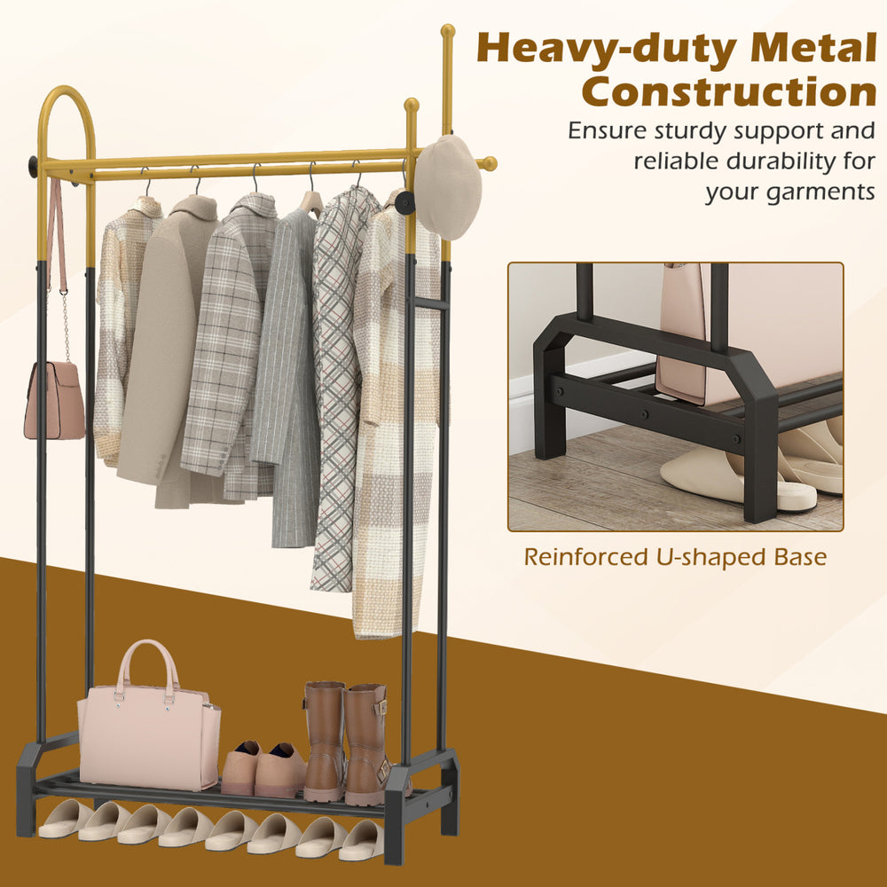 Double rods garment rack in gold and black with side hooks and bottom shelf, perfect for stylish clothing storage.
