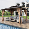 Double-roof patio gazebo with galvanized steel roof, curtains, and netting, perfect for outdoor relaxation by the pool.