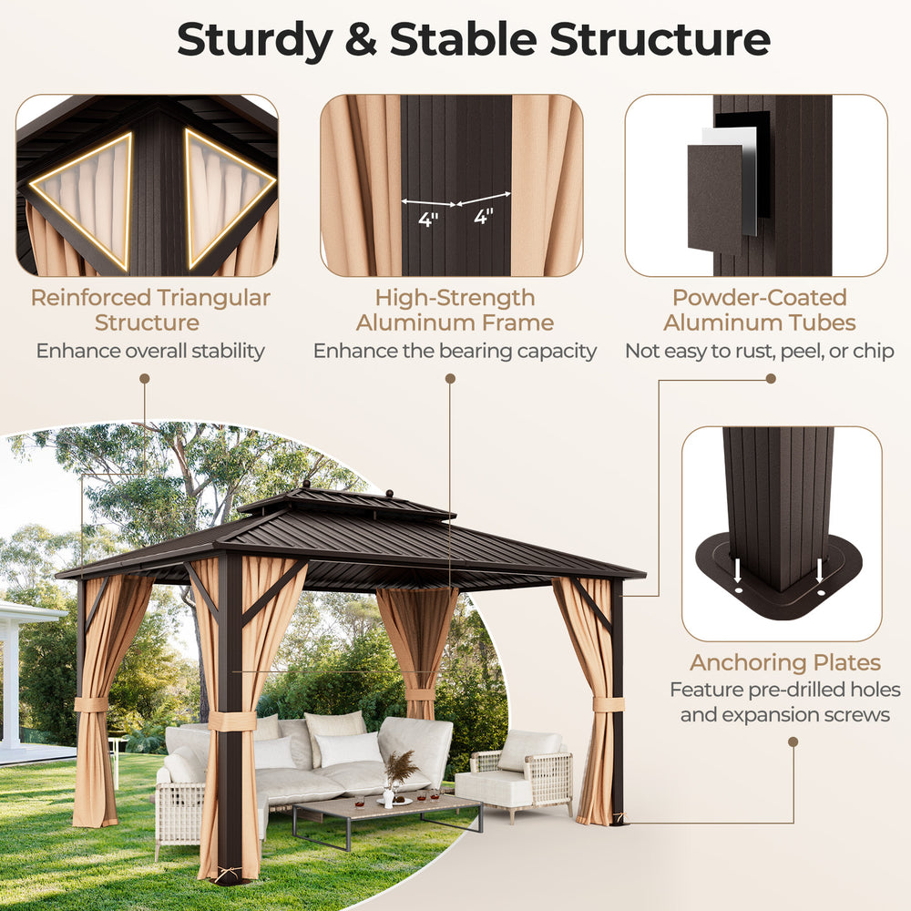 10x13ft double-roof patio hardtop gazebo with galvanized steel roof and curtains, featuring a sturdy aluminum frame for.