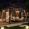 Double-roof patio hardtop gazebo with galvanized steel roof, curtains, and netting for outdoor relaxation and.