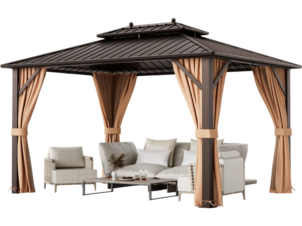 10x13ft double-roof patio hardtop gazebo with galvanized steel roof, featuring curtains and netting for outdoor comfort.