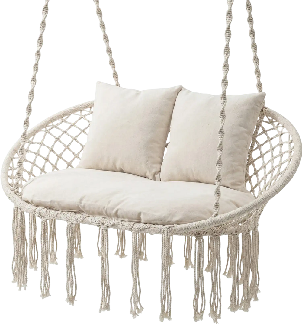 Double Swing Chair with Cushions Macrame Hanging Hammock Chair for Indoor and Outdoor Use - Gallery View 1 of 10
