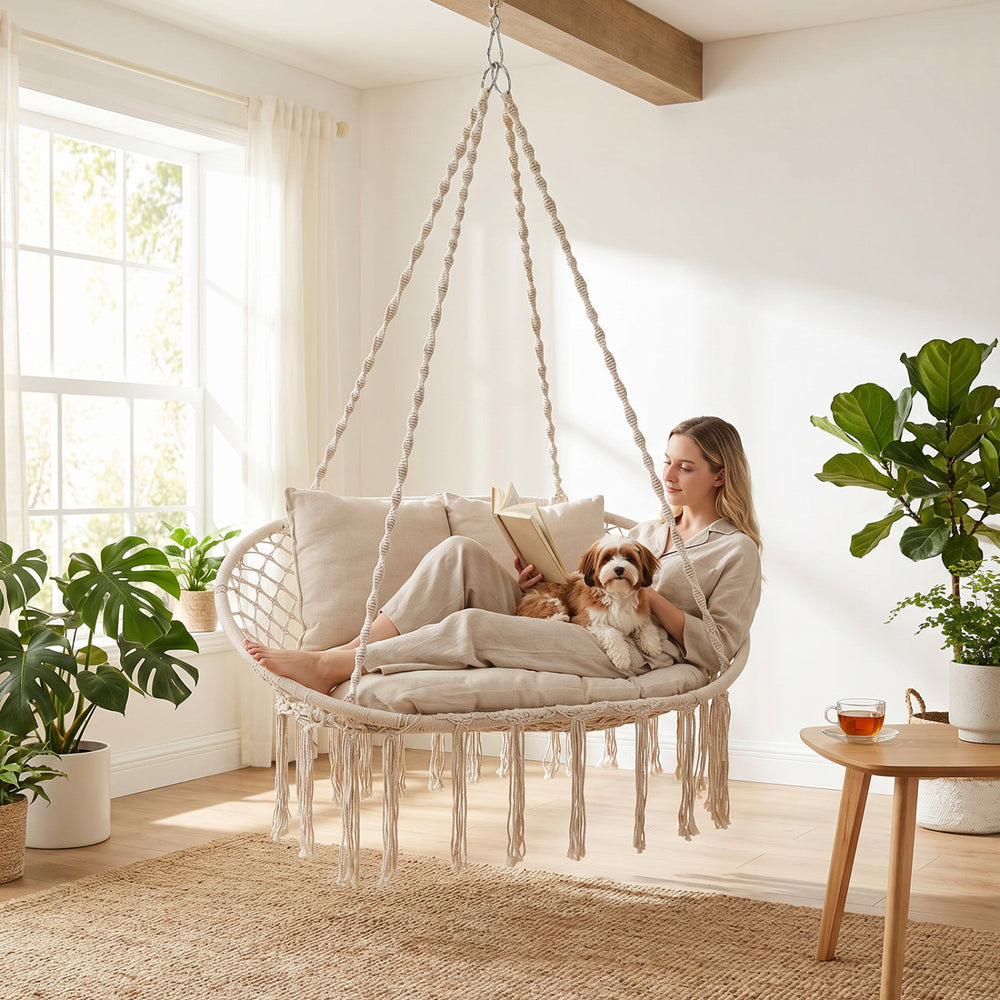 Double Swing Chair with Cushions Macrame Hanging Hammock Chair for Indoor and Outdoor Use - Gallery View 5 of 10