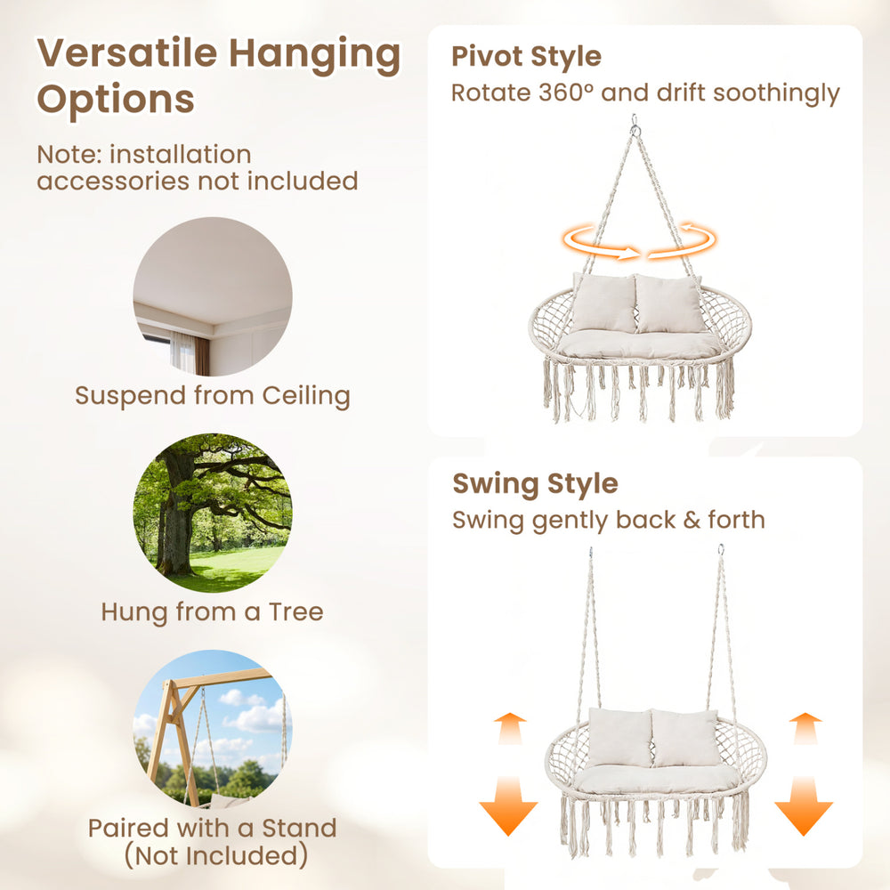Double Swing Chair with Cushions Macrame Hanging Hammock Chair for Indoor and Outdoor Use - Gallery View 8 of 10