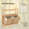 Double tilt-out laundry hamper with natural bamboo frame, two removable baskets, and two open shelves for easy sorting.