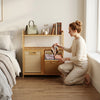 Natural bamboo double tilt-out laundry hamper with two removable baskets and two open shelves for convenient storage.