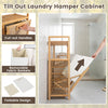Double tilt-out laundry hamper with natural bamboo frame and two removable fabric baskets for easy sorting and storage.