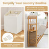 Double tilt-out laundry hamper with natural bamboo frame, featuring 2 removable baskets and 3 open shelves for storage.