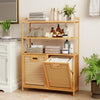 Natural bamboo double tilt-out laundry hamper showcasing two removable baskets and three open shelves for organized storage.