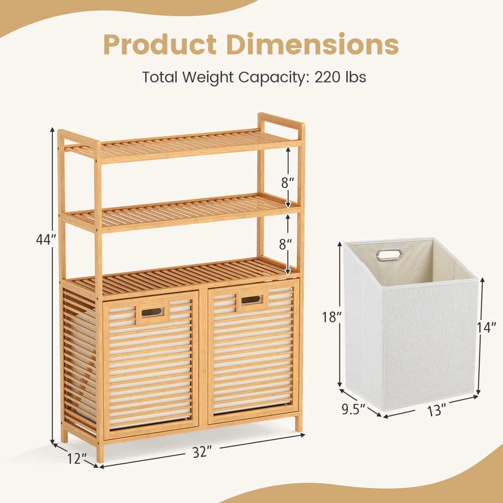 Double tilt-out laundry hamper with natural bamboo frame, 3 shelves, and 2 removable baskets for easy sorting.