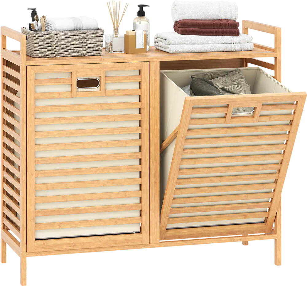 Double tilt-out laundry hamper with natural bamboo, featuring two removable bins and a top storage shelf for essentials.