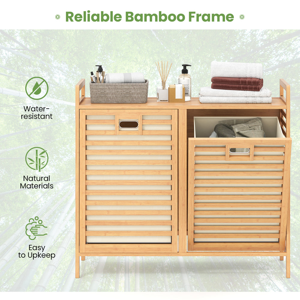 Double tilt-out laundry hamper with natural bamboo frame, featuring two removable bins and top storage shelf for.