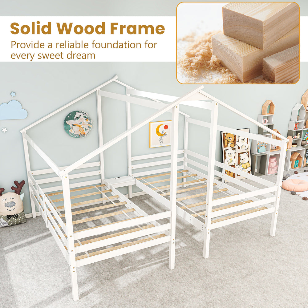 Double twin size wooden bed frames in white with solid wood frame, roof design, and built-in table for kids' rooms.