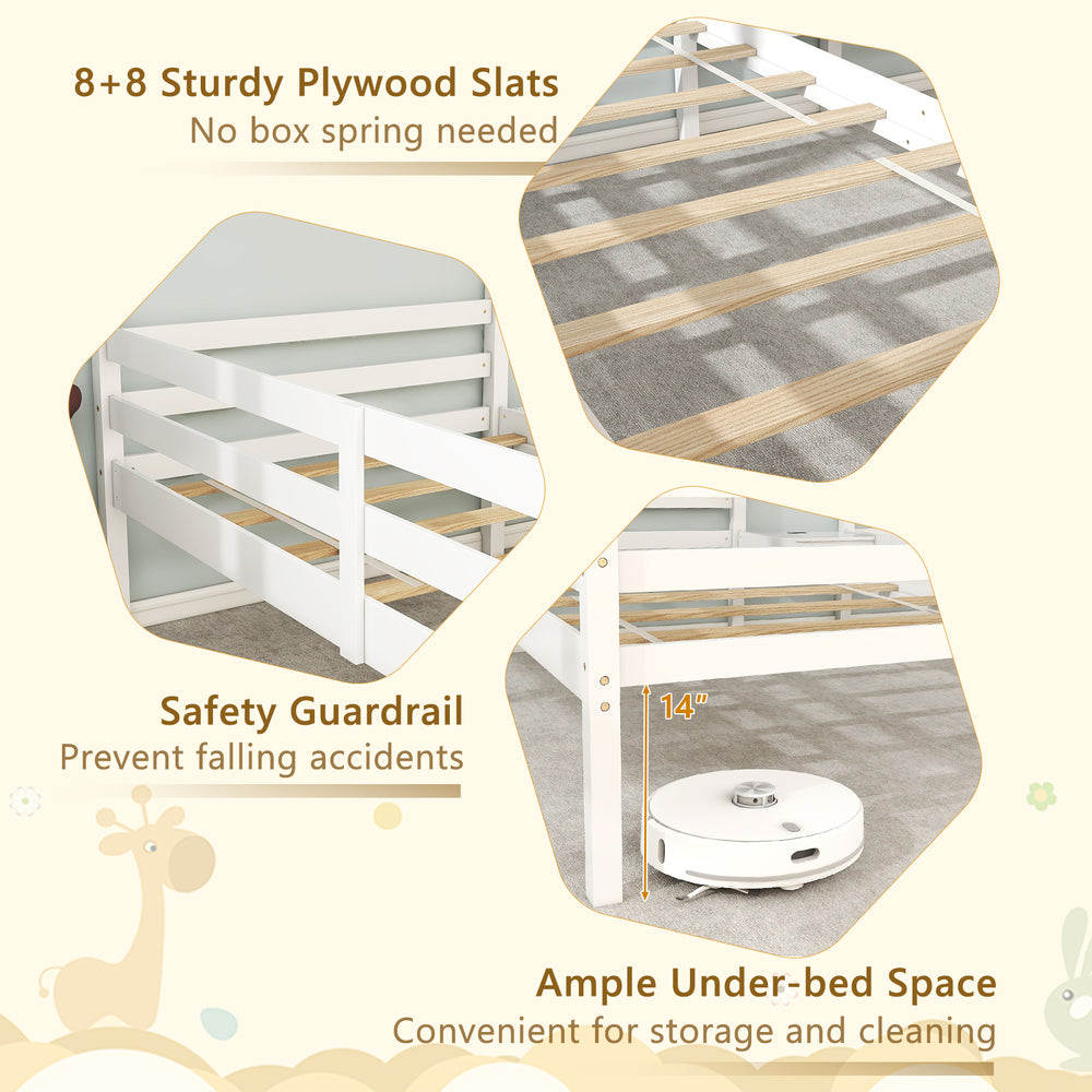 Double twin size wooden bed frame in white with safety guardrails and 14" under-bed space for storage and cleaning.