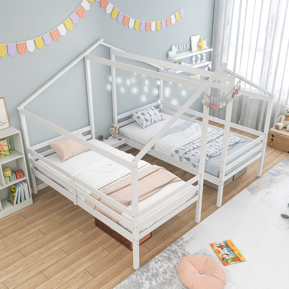 Double twin size wooden bed frames in white with roof design, built-in table, and safety guardrails for kids' rooms.