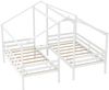 Double twin size wooden bed frame in white with roof design, built-in table, and safety guardrails for kids' rooms.
