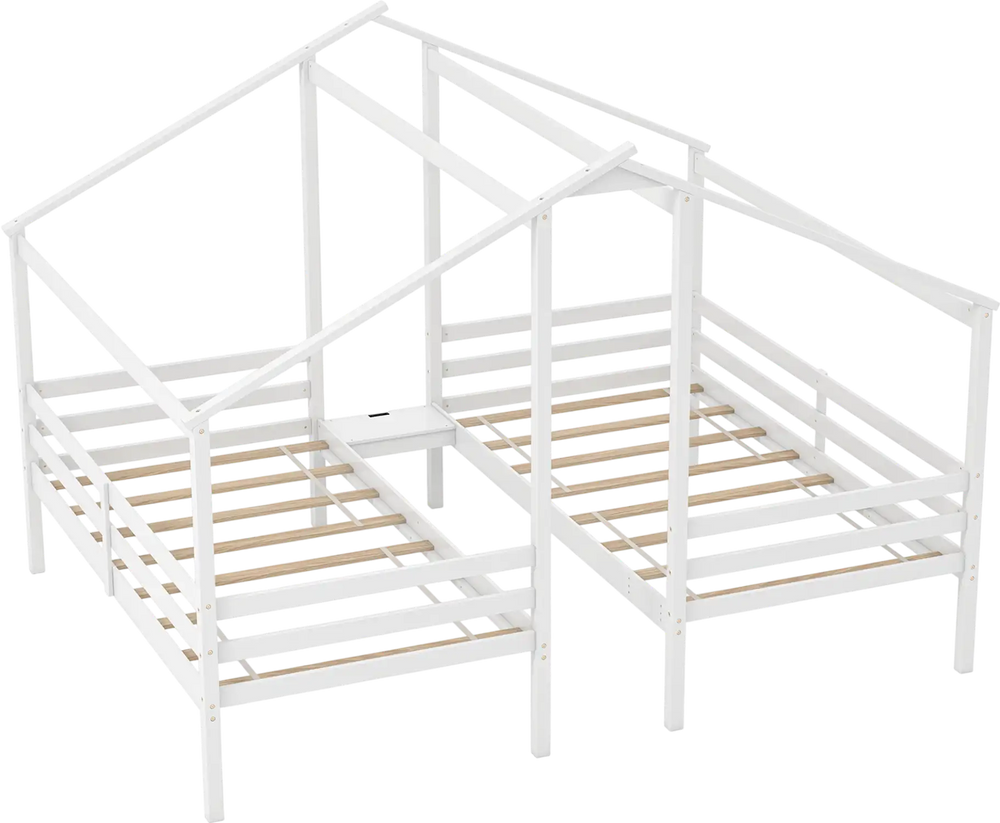 Double twin size wooden bed frame in white with roof design, built-in table, and safety guardrails for kids' rooms.