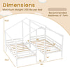Double twin size wooden bed frame with roof design, built-in table, and safety guardrails for kids' shared sleeping.
