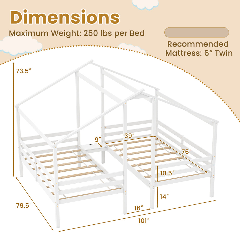Double twin size wooden bed frame with roof design, built-in table, and safety guardrails for kids' shared sleeping.