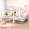 Double twin size wooden bed frames with house design, white finish, and built-in table for kids' shared sleeping space.