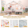 Double twin size wooden house bed in white with roof design for banners, curtains, and lights, perfect for kids' rooms.