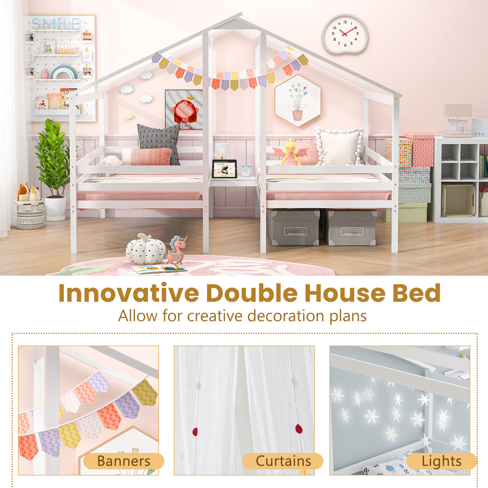 Double twin size wooden house bed in white with roof design for banners, curtains, and lights, perfect for kids' rooms.