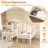 Double twin size wooden bed frames in white with shared nightstand, USB ports, and safety guardrails for kids' rooms.