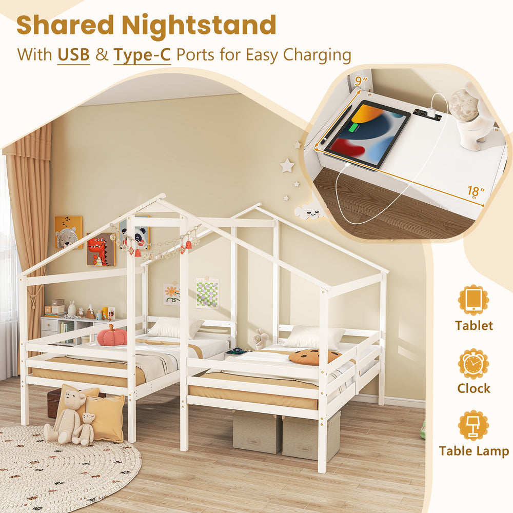 Double twin size wooden bed frames in white with shared nightstand, USB ports, and safety guardrails for kids' rooms.