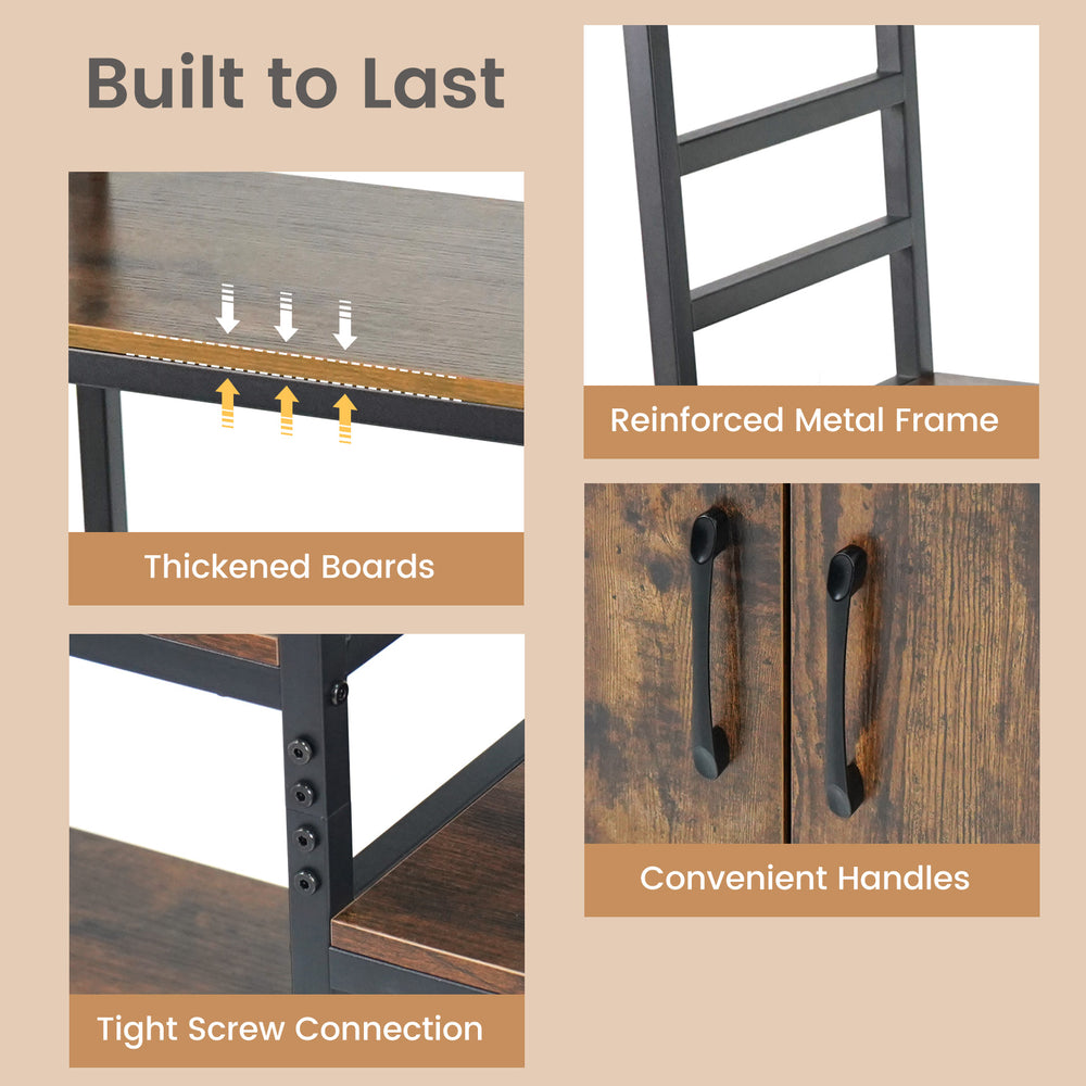 Double wide 8-tier bookshelf in rustic brown with reinforced metal frame, convenient handles, and staggered shelves for.
