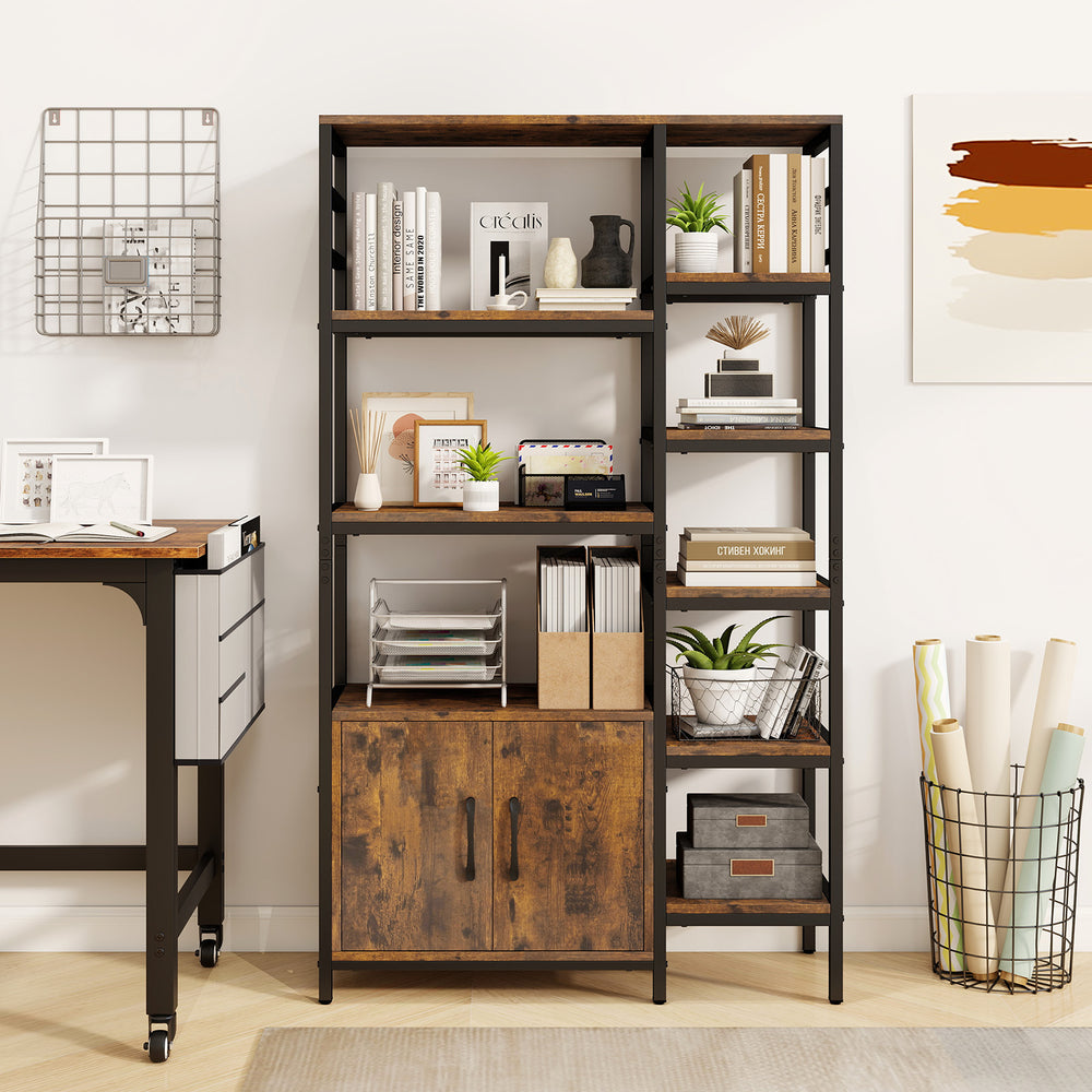 Double wide 8-tier bookshelf in rustic brown with staggered shelves and a 2-door cabinet for stylish organization.