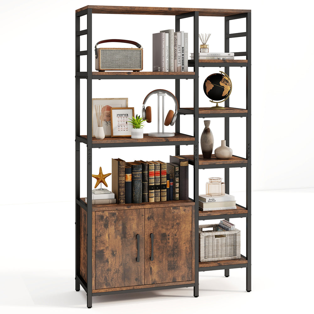 Double wide 8-tier bookshelf in rustic brown with staggered shelves and 2-door cabinet for stylish organization.